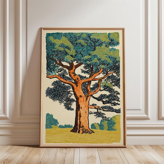 Green Blue Foliage Tree Woodcut Orange Trunk Nature Wall Decor Print, Unframed Paper Poster 8x10in