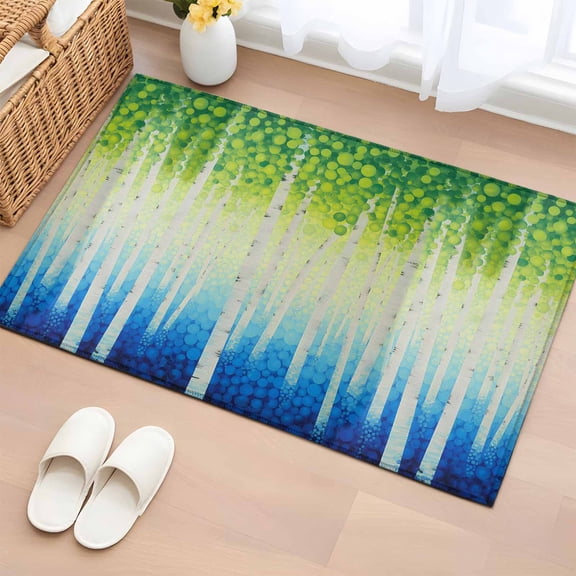 Green Blue Forest Bathroom Rug Washable 2x3 Entryway Rug Non Slip Country Gradient Trees Leaves Plants Front Door Mat Low Pile Indoor Doormat Throw Floor Carpet for Kitchen Bedroom Entrance