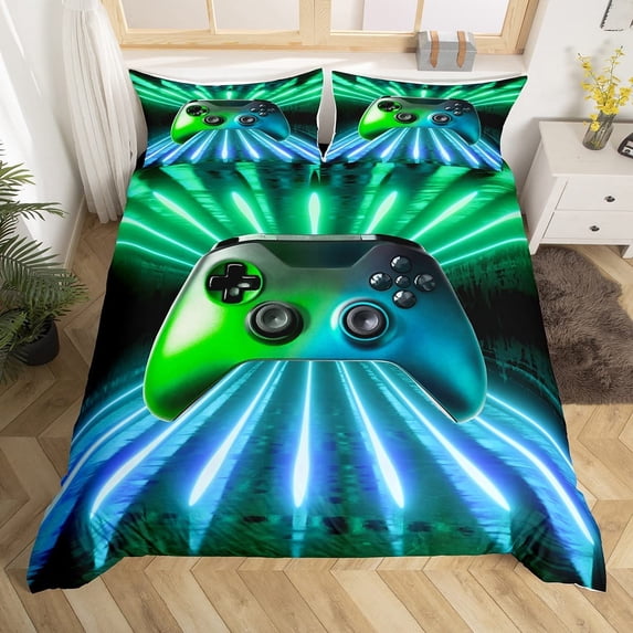 Green Blue Gamepad Bedding Set, Game Player Comforter CoverModern Gamer Gaming Duvet Cover Neon Trippy Bedding Set for Kids Boys Girls Teens Young Man Room Decor, Unthick
