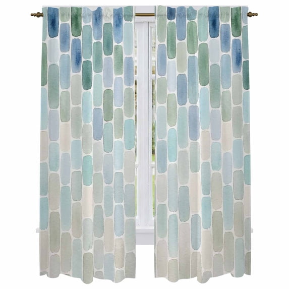 Green Blue Geometric Kitchen Curtain for Berdoom Living Room Cafe 72 Inch Length, Modern Abstract Ombre Tiers Curtains Light Filtering Drapes Rod Pocket Window Treatment 2 Panels 52"Wx72"L