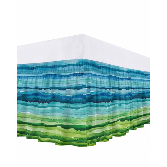 Green Blue Gradient Ruffle Bed Skirt Queen Size Mount Decorative Texture Adjustable Elastic Dust Bed Skirts Wrap Around Bedskirt Wrinkle Free Easy Fit with 16 Inch Drop