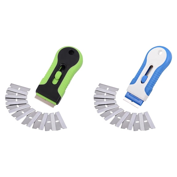 Green+Blue HWHCGZ Razor Blade Scraper Tool Set, 2 Pack, Blue & Green, 20 Extra Stainless Steel Blades, Anti-Slip Ergonomic Handle Design, Razor Scraper Tool for Glass