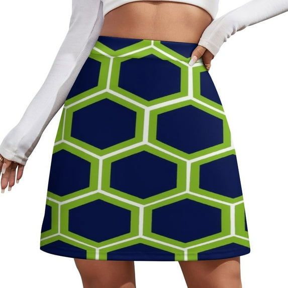 Green Blue Honeycomb Pattern Design Women's High Waist Skirt Stretchy Casual Mini Skirt