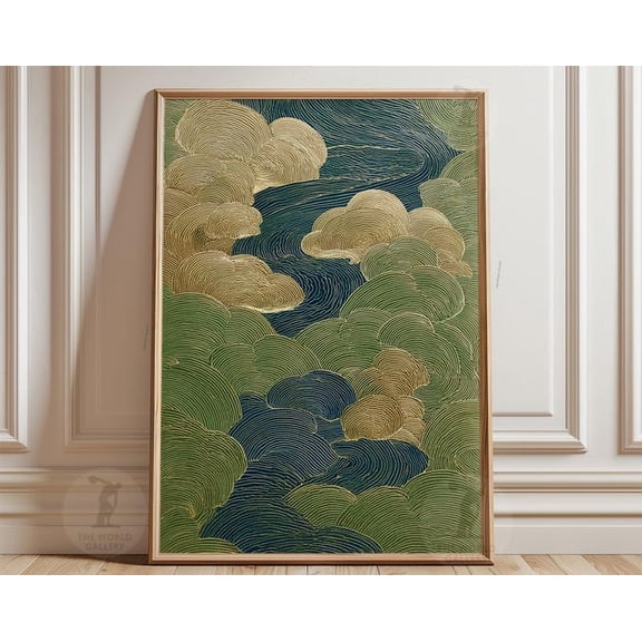 Green Blue Landscape Japanese River Wall Art Print, Unframed Paper Poster 8x10in