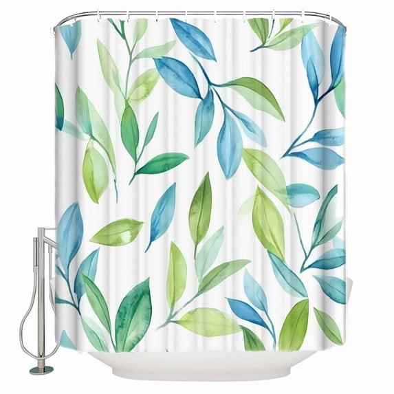 Green Blue Leaf Shower Curtain, 48" x 72", Watercolor Eucalyptus Leaves Fall Waterproof Bathroom Curtain Washable Shower Curtain Set with 12 Hooks