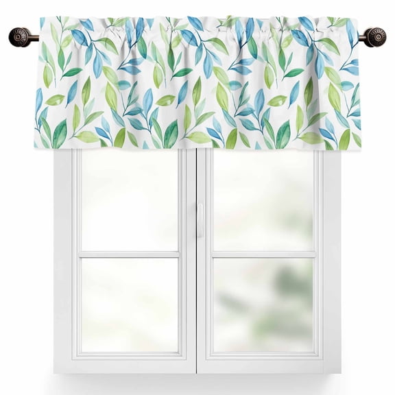 Green Blue Leaf Valances for Windows, 54 x 18in, Watercolor Eucalyptus Leaves Fall Rod Pocket Kitchen Valance Curtain Light Filtering Window Treatments for Living Room Bedroom, 1 Panel