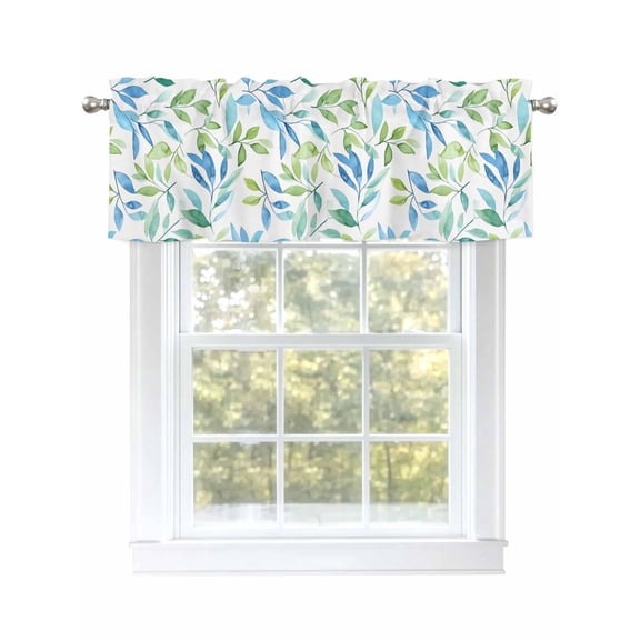 Green Blue Leaf Valances for Windows Watercolor Eucalyptus Leaves Fall Plant Kitchen Valance Curtain Rod Pocket Small Curtains for Cafe Bathroom Laundry Basement 42" x 12"