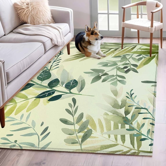 Green Blue Leaves Area Rugs 3'x5', Small Throw Rugs for Living Room Bedroom, Summer Botanical Farmhouse Watercolor Leaf Indoor Outdoor Rug Non-Slip Low Pile Carpet Runner Reversible Floor Mats
