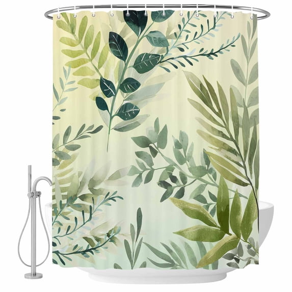 Green Blue Leaves Shower Curtain, Waterproof Shower Curtains for Bathroom, Summer Botanical Farmhouse Watercolor Leaf Washable Fabric Bathtub Curtain Set Bath Decor with 12 Hooks 72"x78"