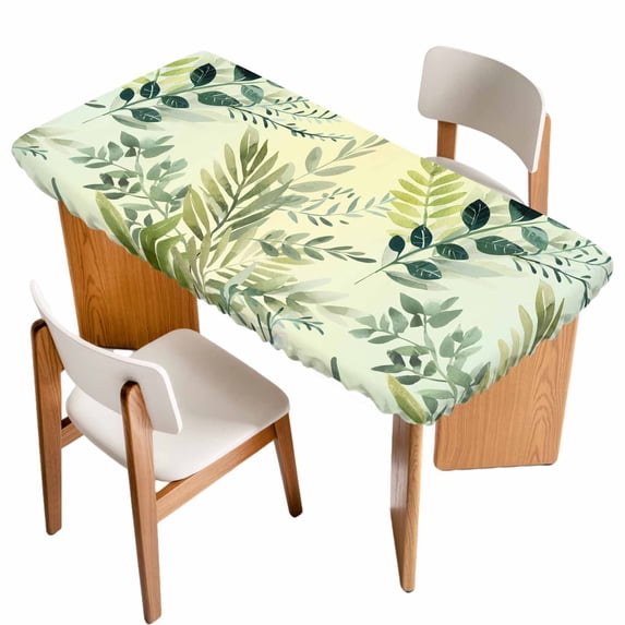 Green Blue Leaves Table Cloths for 6 Foot Rectangle Tables, Summer Botanical Farmhouse Watercolor Leaf Patio Waterproof Elastic Fitted Tablecloths, Washable Rectangular Table Cover for Camping