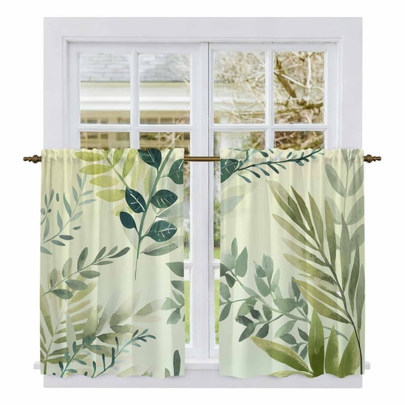 Green Blue Leaves Tier Curtains 54 Inch Length, Summer Botanical Farmhouse Watercolor Leaf Cafe Short Curtains for Bathroom Sink, Small Kitchen Curtain Light Filtering Drapes 2 Panels 27.5"Wx54"L
