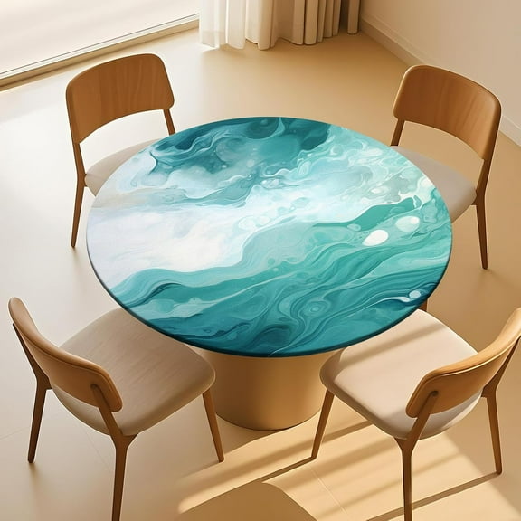 Green Blue Marbling Round Fitted Tablecloth Elastic Edged Table Cover Liquid Texture Waterproof Wipeable Table Cloth Tablecloth Fits Tables up to 36"-42"