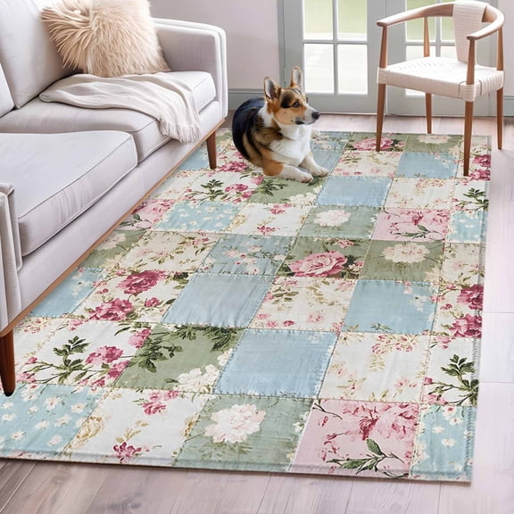 Green Blue Pink Botanical Area Rug 3x5 FT, Non Slip Entryway Bedside Carpet, Spring Floral Vintage Washable Soft Floor Carpet Indoor Mat Non-Shedding Throw Rugs for Dorm Kitchen Home Office
