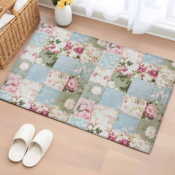 Green Blue Pink Botanical Bathroom Mats 2x3 FT, Non Slip Small Kitchen Mat, Spring Floral Vintage Washable Soft Backed Front Door Throw Rugs Non-Shedding Indoor Outdoor Doormat for Entryway Sink