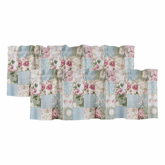 Green Blue Pink Botanical Curtain Valances for Windows, Kitchen Valance Window Treatments Panel 2 Pack, Spring Floral Vintage Rod Pocket Short Curtains for Bathroom Bedroom 42 x 18 Inch