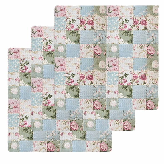 Green Blue Pink Botanical Dish Towels Set, Waffle Weave Kitchen Towels 3 Pieces, Spring Floral Vintage Microfiber Hair Face Bath Tea Towel Absorbent Quick Drying Cleaning Dish Cloths, 12"x12"