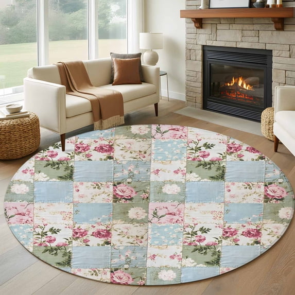Green Blue Pink Botanical Round Area Rug 5 FT, Non Slip Bedroom Rugs, Spring Floral Vintage Washable Soft Circular Carpet Non-Shedding Floor Mat for Kitchen Dining Room Foyer Balcony Dorm