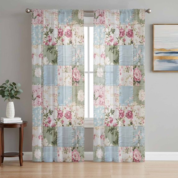 Green Blue Pink Botanical Semi Sheer Curtains 72 Inch Length 2 Panels Set, Spring Floral Vintage Sheer Kitchen Curtain Privacy Voile Window Curtain for Living Room Bedroom Rod Pocket Drapes