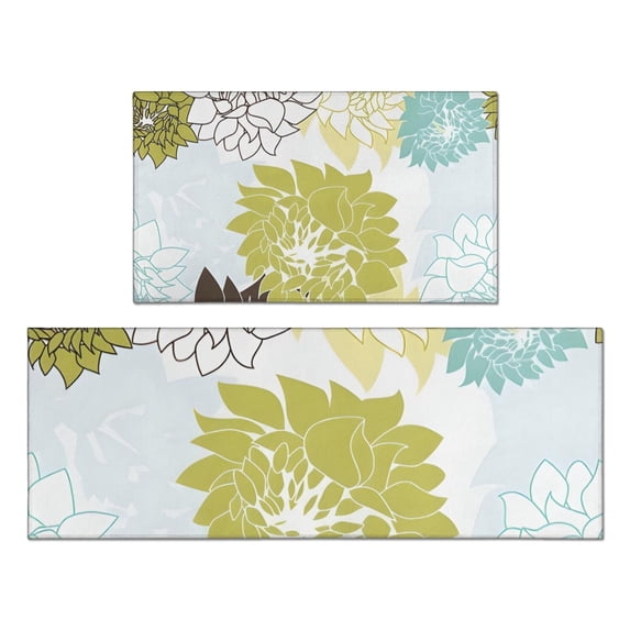 Green and Blue Pioneer Flower Pattern Kitchen Rugs Sets Of 2,Anti Fatigue Kitchen Mat Rugs Non Slip Washable,Decorative Kitchen Floor Mats for Kitchen,Sink,Laundry,17"x30"+17"x47"