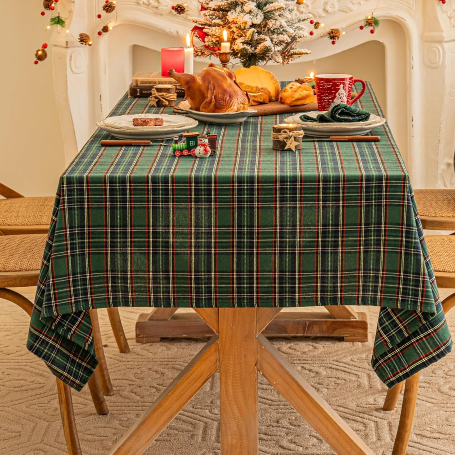 Green Blue Plaid Christmas Tablecloth 60x84, Tartan Table Cloth