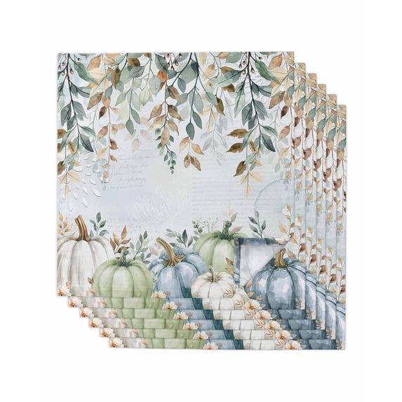 Green Blue Pumpkin Fall Cloth Napkins Set of 6 Reusable Dinner Napkins, Thanksgiving Eucalyptus Leaves Floral Cocktail Napkin Washable Table Napkins for Wedding/Holiday Party/Baby Shower 20"x20"