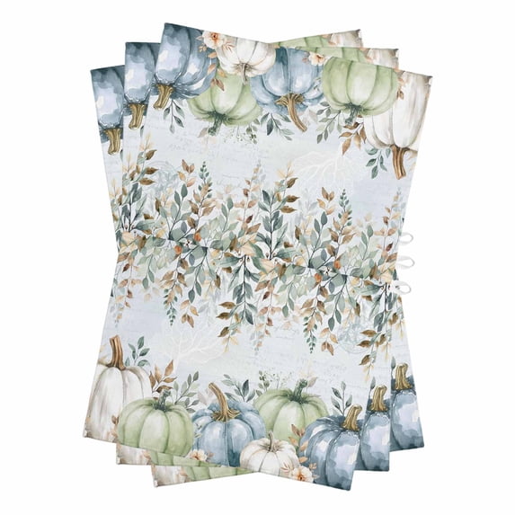 Green Blue Pumpkin Fall Kitchen Towels Set of 3, Water Absorbent Dish Towel, Thanksgiving Eucalyptus Leaves Floral Decorative Hand Towels - Quick Drying Cloth for Cooking Baking, 18x28 Inch