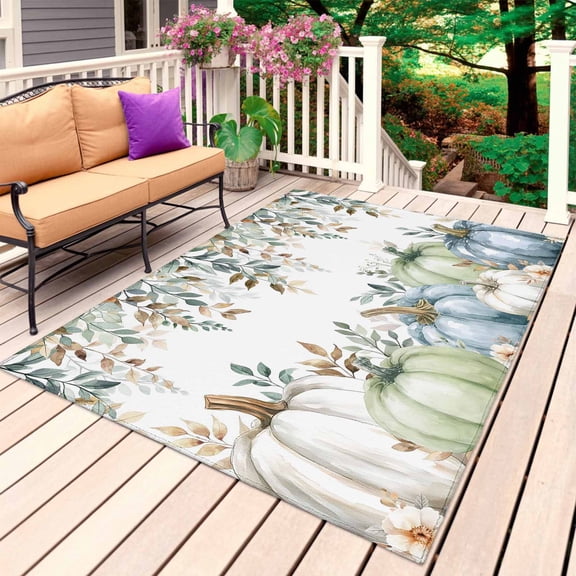 Green Blue Pumpkin Fall Outdoor Rug 6x9 Ft, Non Slip Washable Area Rug, Thanksgiving Eucalyptus Leaves Weeping Patio Rugs Carpet Runner, Large Floor Mat for Indoor/Outdoor Deck Porch Camping