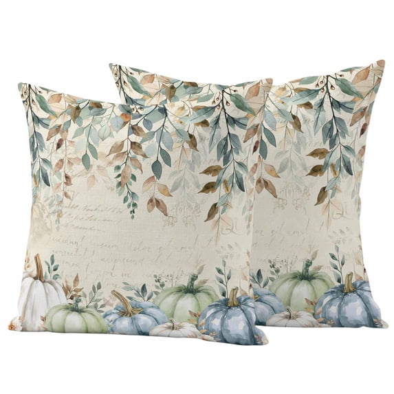Green Blue Pumpkin Fall Outdoor Waterproof Pillow Covers, Thanksgiving Botanical Eucalyptus Leaves Decorative Square Throw Pillowcase Sofa Cushion Sham for Patio/Couch/Chair, 16"x16" 2 Pack