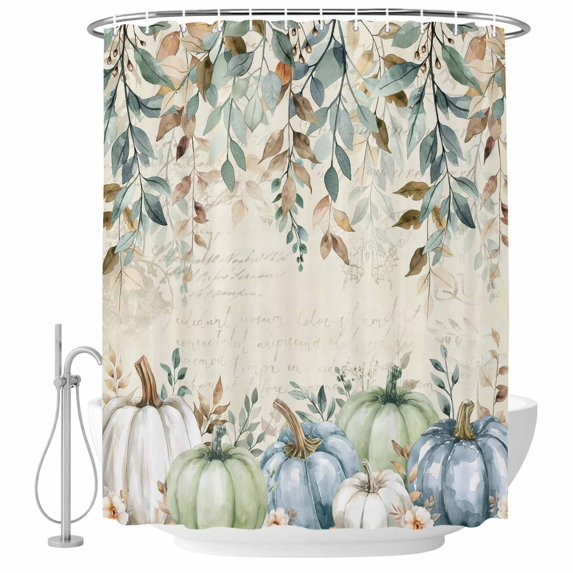 Green Blue Pumpkin Fall Shower Curtain, Waterproof Shower Curtains for Bathroom, Thanksgiving Botanical Eucalyptus Leaves Washable Bathtub Curtain Set Bath Decor with 12 Hooks Extra Long 72"x96"