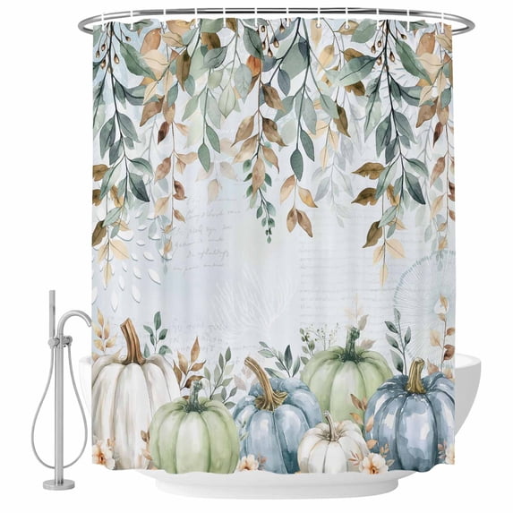 Green Blue Pumpkin Fall Shower Curtain, Waterproof Shower Curtains for Bathroom, Thanksgiving Eucalyptus Leaves Floral Washable Fabric Bathtub Curtain Set Bath Decor with 12 Hooks Long 72"x84"