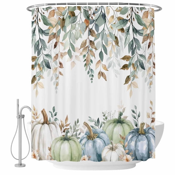 Green Blue Pumpkin Fall Shower Curtain, Waterproof Shower Curtains for Bathroom, Thanksgiving Eucalyptus Leaves Weeping Washable Fabric Bathtub Curtain Set Bath Decor with 12 Hooks Standard 72"x72"