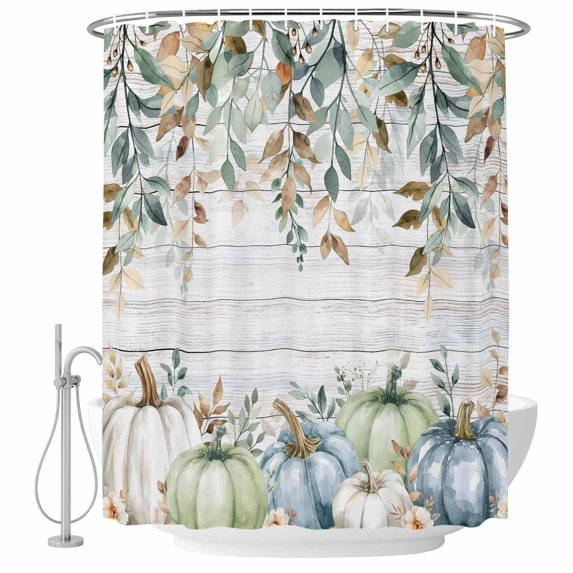 Green Blue Pumpkin Fall Shower Curtain, Waterproof Shower Curtains for Bathroom, Thanksgiving Eucalyptus Leaves Wooden Washable Fabric Bathtub Curtain Set Bath Decor with 12 Hooks 72"x78"