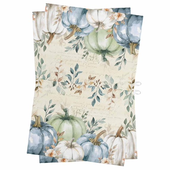 Green Blue Pumpkins Fall Kitchen Towels Set of 2, Water Absorbent Dish Towel, Thanksgiving Eucalyptus Leaves Flower Decorative Hand Towels - Quick Drying Cloth for Cooking Baking, 18x28 Inch