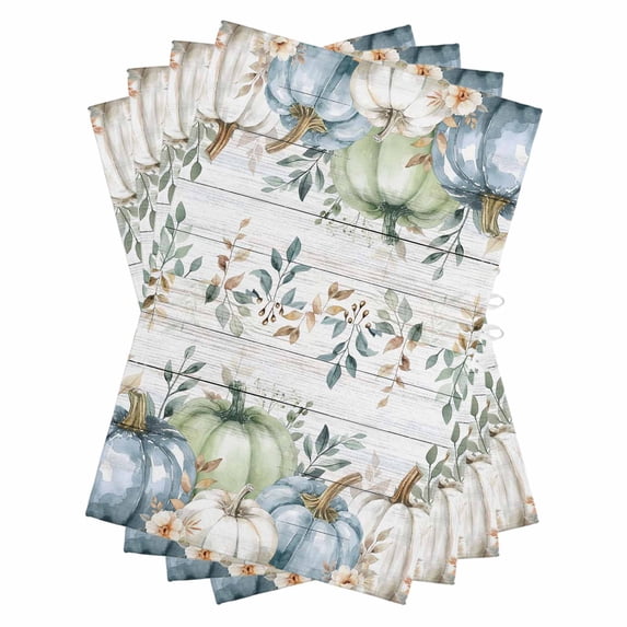 Green Blue Pumpkins Fall Kitchen Towels Set of 4, Water Absorbent Dish Towel, Thanksgiving Eucalyptus Leaves Wooden Decorative Hand Towels - Quick Drying Cloth for Cooking Baking, 18x28 Inch
