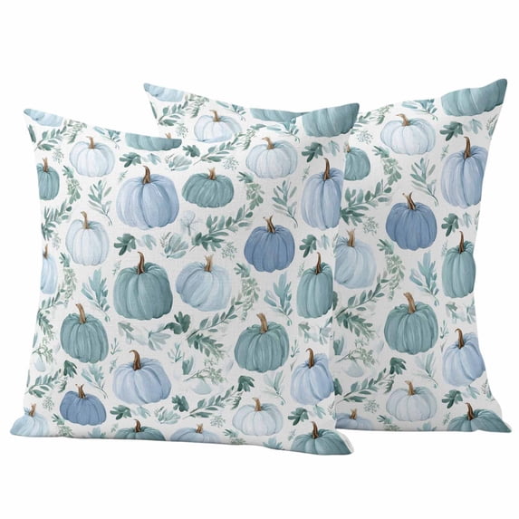Green Blue Pumpkins Fall Outdoor Waterproof Pillow Covers, Autumn Botanical Thanksgiving Decorative Square Throw Pillowcase Sofa Cushion Sham for Patio/Couch/Chair, 20"x20" 2 Pack