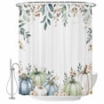 thumbnail image 1 of Green Blue Pumpkins Fall Shower Curtain, Waterproof Shower Curtains for Bathroom, Eucalyptus Leaves Thanksgiving Botanical Washable Fabric Bathtub Curtain Set Bath Decor with 12 Hooks 48"x72", 1 of 8