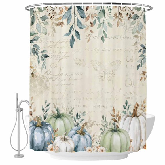 Green Blue Pumpkins Fall Shower Curtain, Waterproof Shower Curtains for Bathroom, Thanksgiving Eucalyptus Leaves Flower Washable Fabric Bathtub Curtain Set Bath Decor with 12 Hooks Extra Long 72"x96"
