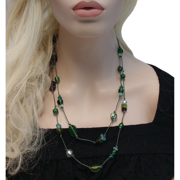 Green Blue Purple Glass Beaded String Two Strand Necklace 24" Ladies Adult Female Women