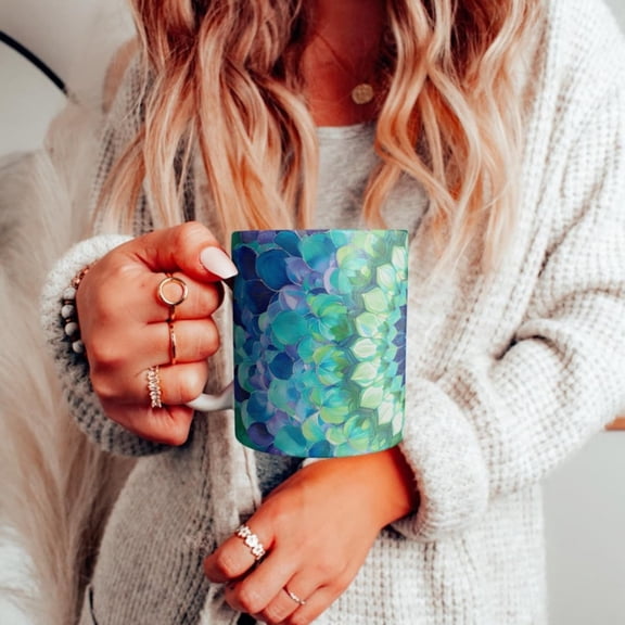Green Blue & Purple Mandala Mug, Beautiful Mandala Ceramic Mug, Vibrant Boho Floral Pattern Coffee Cup, Colorful Detailed Mug.