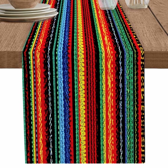 Green Blue Red Mexican Stripes Table Runner-70 Inch Long Yellow Ethnic Line Table Runners Linen Burlap Tablerunner for Kitchen Dining Room Holiday Party