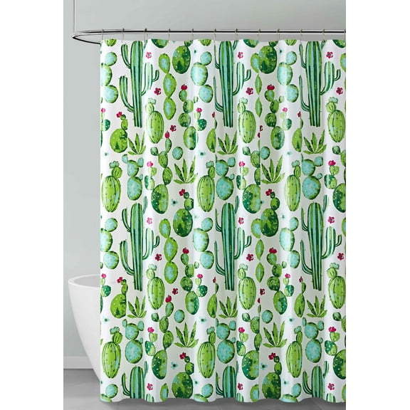 Green Blue Red and White Cactus Design PEVA Shower Curtain Liner Odorless, PVC and Chlorine Free, Biodegradable, Mildew Free, Eco-Friendly Size 72in x 72inGreen Blue Red and White