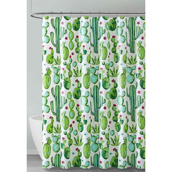 Green Blue Red and White Cactus Design PEVA Shower Curtain Liner Odorless, PVC and Chlorine Free, Biodegradable, Mildew Free, Eco-Friendly Size 72in x 72inGreen Blue Red and White
