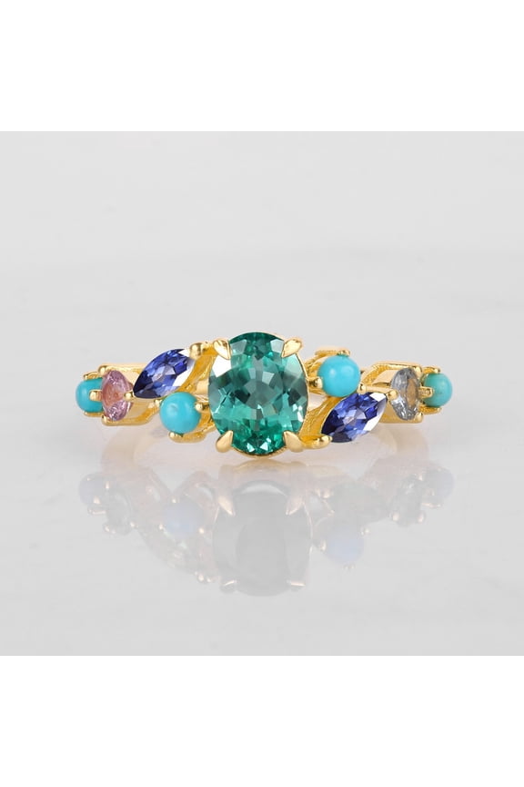 Green & Blue Sapphire Cluster Stackable Ring, Multi stone Handmade 925 Silver Ring, Turquoise Cabochon Proposal Ring, Fine Bridal Band and Engagement Ring.