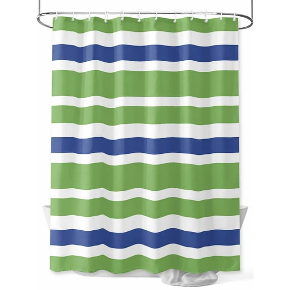 Green Blue Shower Curtain, White Stripe Waterproof Shower Curtain Set with 12 Hooks Lightweight Washable Fabric Shower Curtains for Bathroom 72x72 Inches
