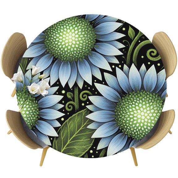 Green Blue Sunflowers Round Tablecloth 45-54 Inch Round Fitted Table Cloth with Elastic Edge, Modern Art Botanical Floral Waterproof Table Cover Protector for Outdoor Picnic Party Dining