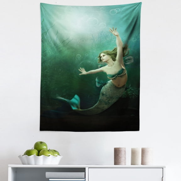 Green and Blue Tapestry, Computer Graphics of Mermaid Underwater Life Picture Dreamlike Design, Fabric Wall Hanging Decor for Bedroom Living Room Dorm, 5 Sizes, Jade Green Teal Ivory, by Ambesonne