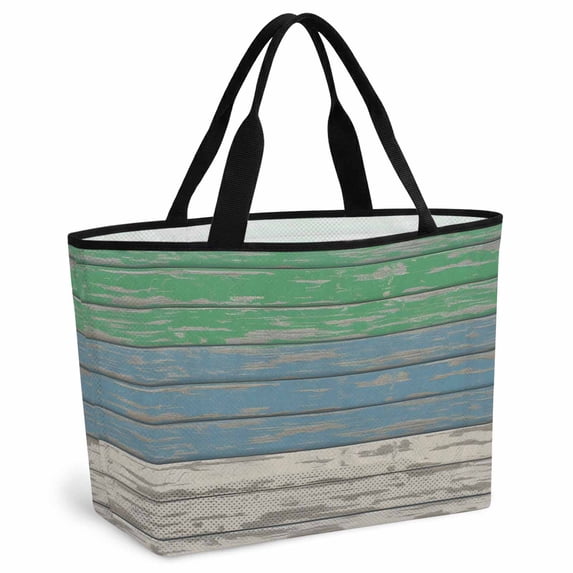 Green Blue Wood Beach Bag for Women, Large Breathable Mesh Beach Tote Bag, Farmhouse Mottled Wooden Plank Vintage Sandproof Lightweight Travel Bags for Vacation Picnic Swimming Pool 15.7"x15.7"x9.1"