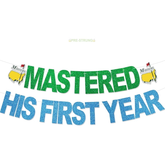 Green Blue Yellow Glitter Mastered His First Year Banner, Golf Masters Sports 1st Birthday Baby Shower Party Decor