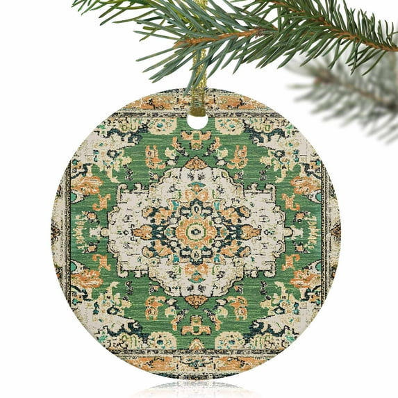 Green Bohemian Ethnic Western Christmas Ceramic Ornament 2025,3" Round Xmas Tree Hanging Accessories with Gold Ribbon