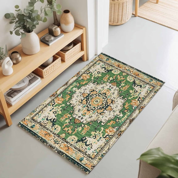 Green Bohemian Ethnic Western Rectangle Rug 2'x3' Vintage Native Tribal Washable Area Rugs for Living Room Bedroom Entryway Non Slip Entrance Door Mat Indoor Floor Carpet